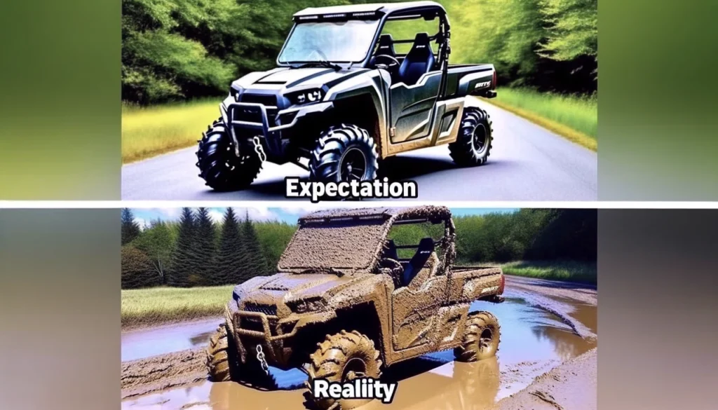 A two-part meme. The first image shows a shiny, clean UTV in a pristine environment, labeled with the caption 'Expectation' in a bold, clear font. The second image depicts the same UTV covered in mud, in a rugged outdoor setting, with the caption 'Reality' in a similar font style.