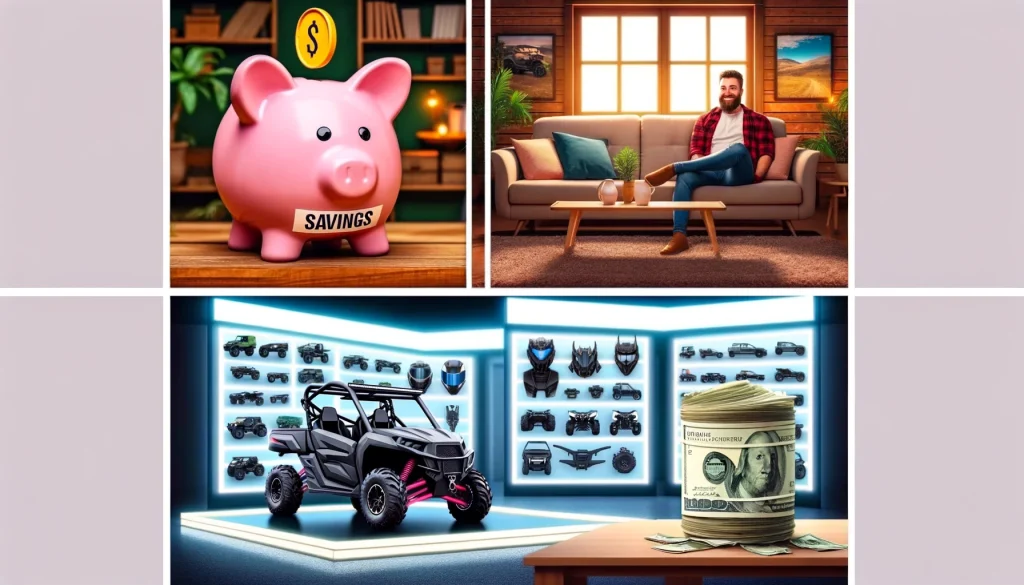A three-panel meme. The first panel shows a piggy bank labeled 'Savings' in a cozy home setting. The second panel features a shiny, attractive UTV accessory or part displayed in a showroom with glowing lights. The third panel shows an empty piggy bank on a table, with a happy UTV owner in the background, surrounded by UTV parts and gear, with a sense of accomplishment.