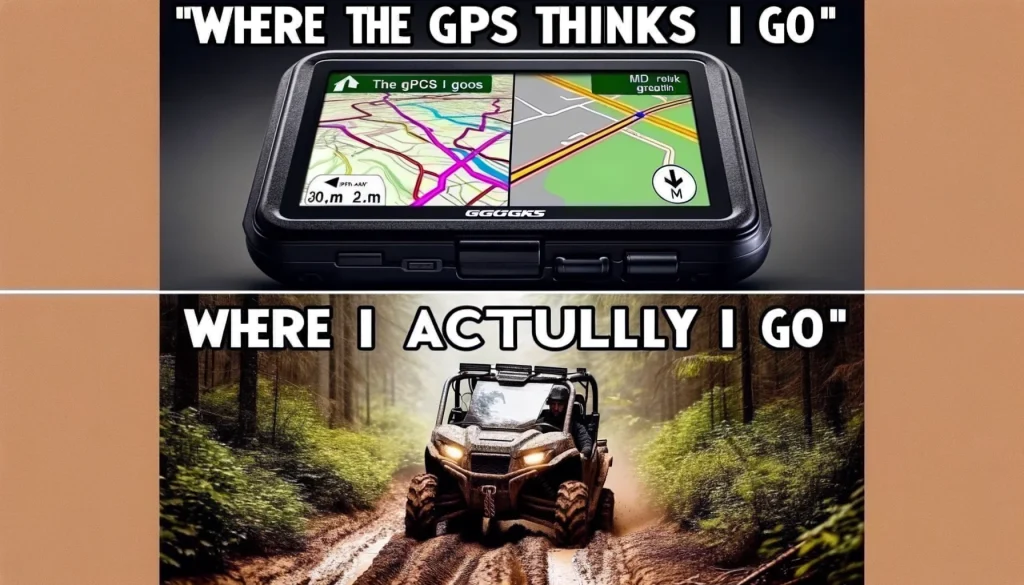 A two-part meme. The first image shows a standard GPS device displaying a conventional road map, with a caption above it saying 'Where the GPS thinks I go.' The second image depicts a UTV traversing a rugged, off-road trail, surrounded by wild nature, with the caption 'Where I actually go.' The contrast between the two images should highlight the adventurous spirit of UTV driving.