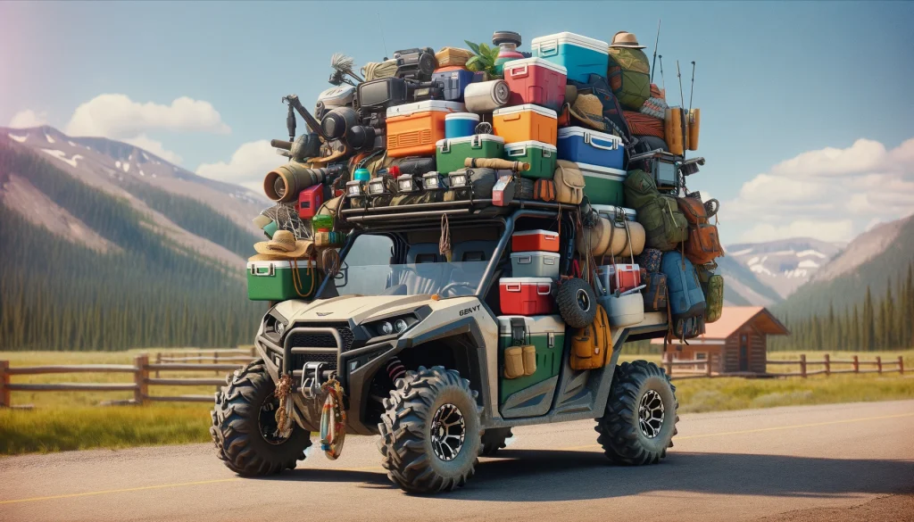An image depicting a UTV loaded with a comical amount of camping gear, coolers, and accessories. The UTV should appear almost overwhelmed by the amount of items strapped to it. The setting is an outdoor, camping-like environment. Include a caption at the bottom of the image saying 'Packing light for the weekend,' which adds a humorous contrast to the overloaded UTV.