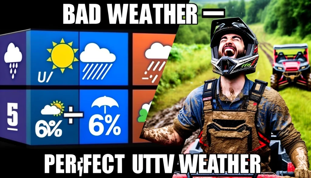 A split image meme. The first part shows a weather forecast screen with icons indicating rain and mud, and the second part shows a UTV owner looking thrilled, dressed in off-road gear, possibly with a helmet in hand. The text 'Bad weather = Perfect UTV weather' is prominently displayed across the image, emphasizing the UTV owner's excitement for challenging weather conditions.