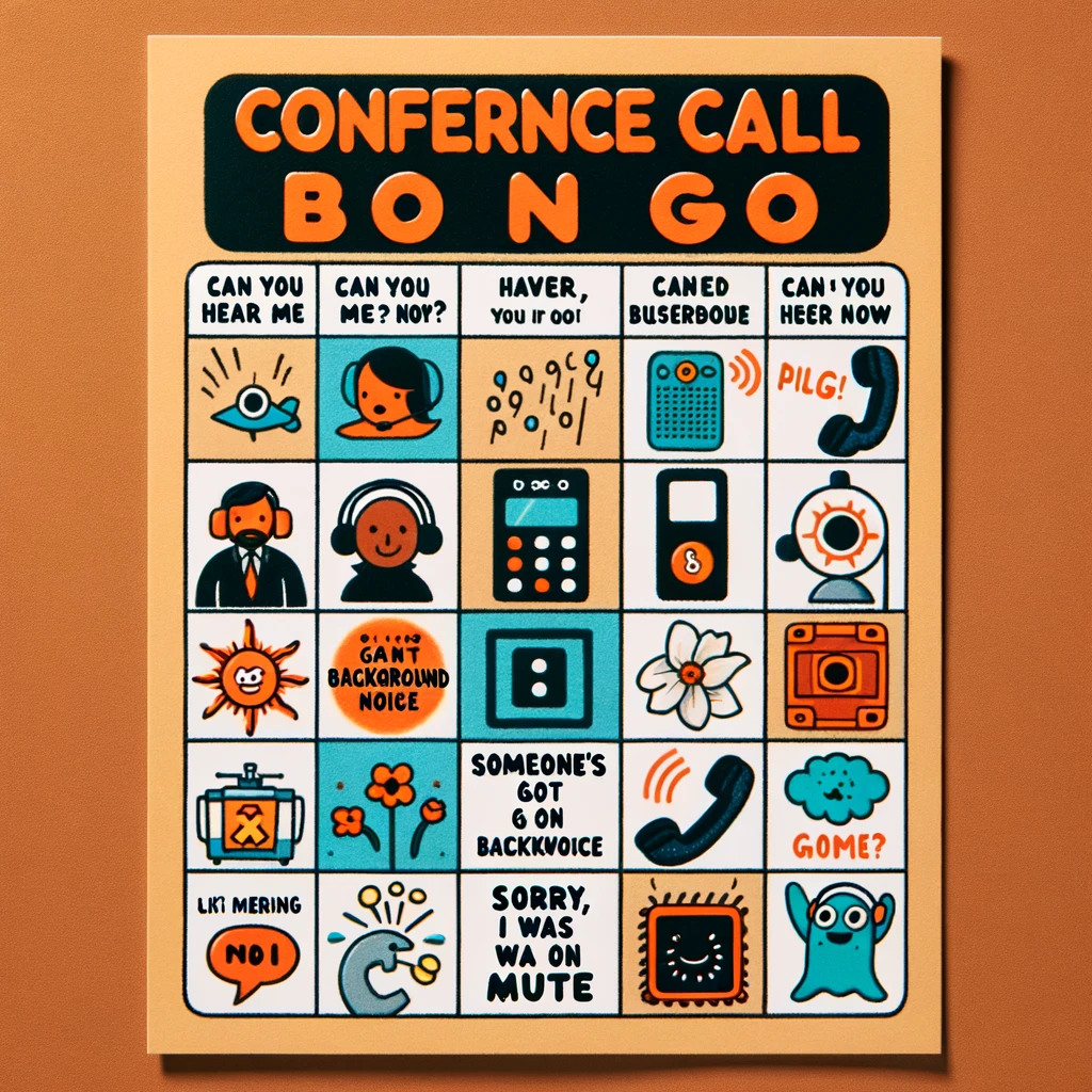 Conference Call Bingo: An image of a bingo card filled with common phrases and occurrences during a conference call, like "Can you hear me now?", "Someone's got background noise", and "Sorry, I was on mute".