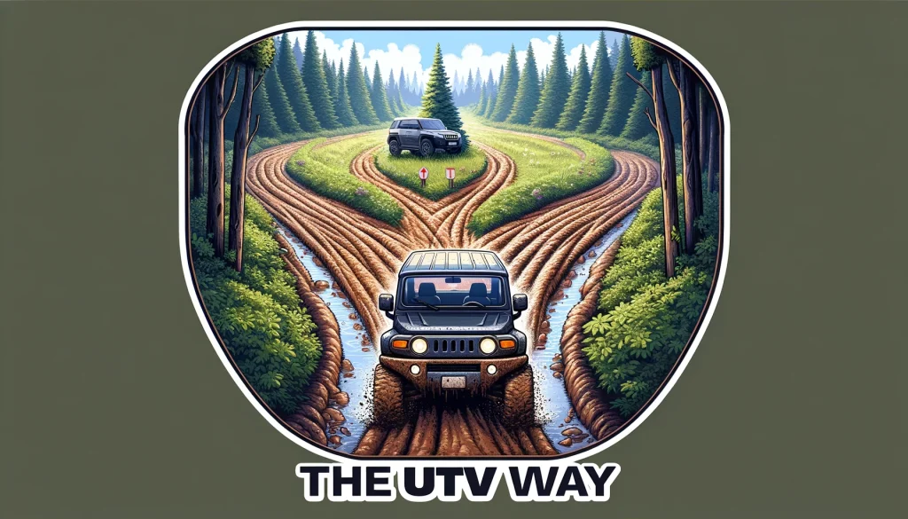 An image depicting a fork in the road, with one side being a clean, easy path, and the other side being a rough, muddy path. A UTV is shown heading towards the rough, muddy path. The environment should look adventurous and natural, like a forest or mountain trail. Include a caption at the bottom or top of the image saying 'The UTV way,' to signify the choice of the challenging path by UTV enthusiasts.