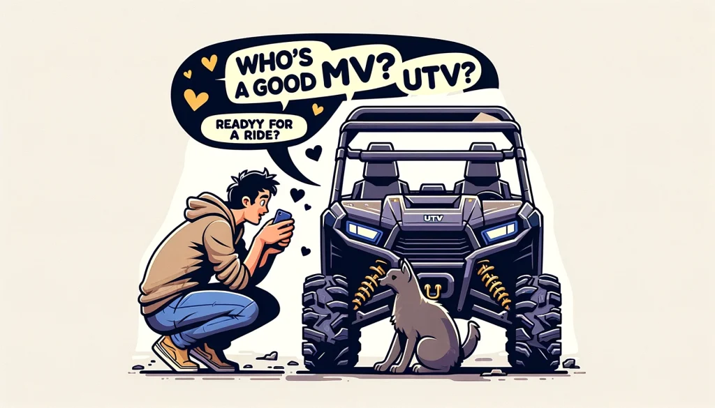 An image of a person speaking to their UTV as if it were a pet. The person should be affectionately leaning towards the UTV, which is parked in a garage or outdoor setting. Include humorous and affectionate text bubbles with phrases like 'Who's a good UTV? Ready for a ride?' The overall mood of the image should be playful and convey a strong bond between the owner and the UTV.
