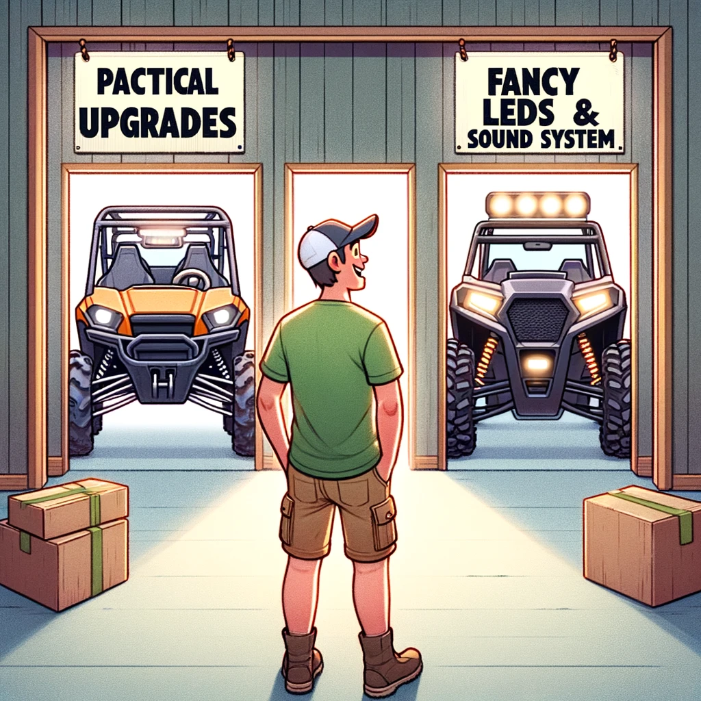 A UTV owner stands in front of two doors in a garage. The first door is labeled "Practical Upgrades" and is plain-looking, while the second door is brightly colored and labeled "Fancy LEDs & Sound Systems." The owner, wearing casual off-road gear, is depicted enthusiastically walking towards the second door with a big smile, showing clear excitement for the fancy upgrades. The scene conveys a humorous choice between practicality and flashy accessories in the context of UTV ownership.