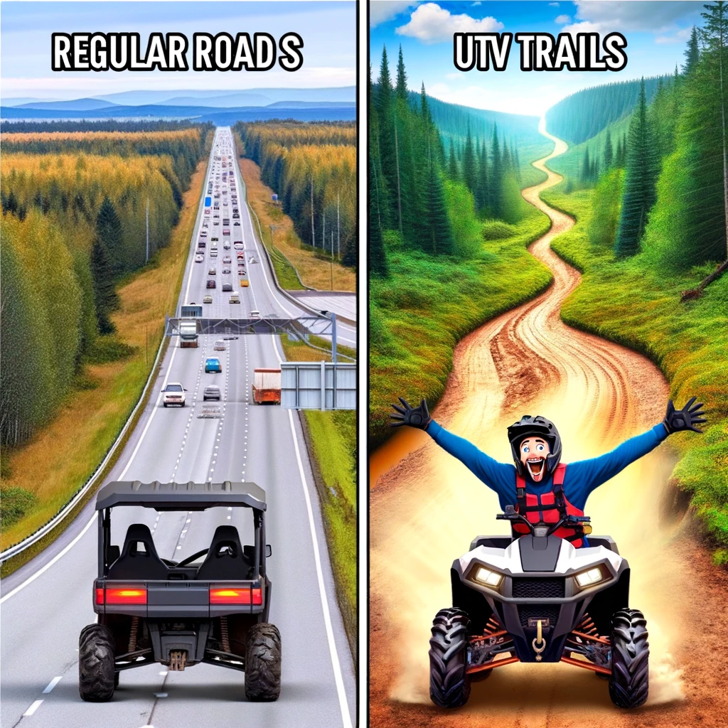 A split image meme. On the left, a boring, straight highway in a plain landscape, labeled "Regular roads." It looks unexciting and mundane. On the right, a rugged, winding off-road trail through a scenic forest, labeled "UTV trails." This side is vibrant and adventurous. A UTV owner is depicted on the trail side, looking thrilled and excited, wearing off-road gear and a helmet, emphasizing the contrast between mundane road driving and the excitement of UTV off-roading.
