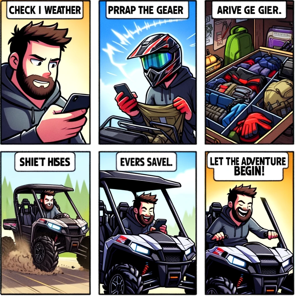 A comic strip style meme with three panels. In the first panel, a UTV owner is checking the weather on their phone, looking focused. The second panel shows them preparing their gear, such as a helmet and gloves, with anticipation. The final panel depicts the owner sitting in the UTV, wearing their gear, with a huge grin on their face, under the caption "Let the adventure begin!" The meme captures the excitement and preparation ritual before a UTV ride, emphasizing the joy and anticipation of off-road adventures.