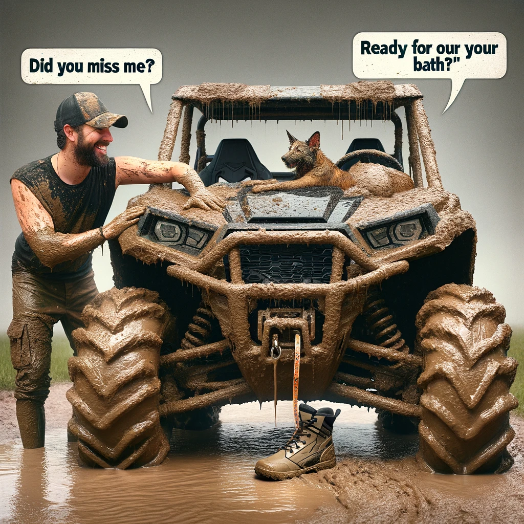 An image showing a UTV owner affectionately talking to their UTV as if it's a pet. The UTV is covered in mud, indicating a recent off-road adventure. The owner, wearing off-road attire, is patting the UTV with one hand and smiling, saying, "Did you miss me?" and "Ready for your bath?" The scene humorously personifies the UTV, emphasizing the close bond UTV enthusiasts have with their vehicles, treating them almost like beloved pets after a fun and muddy ride.