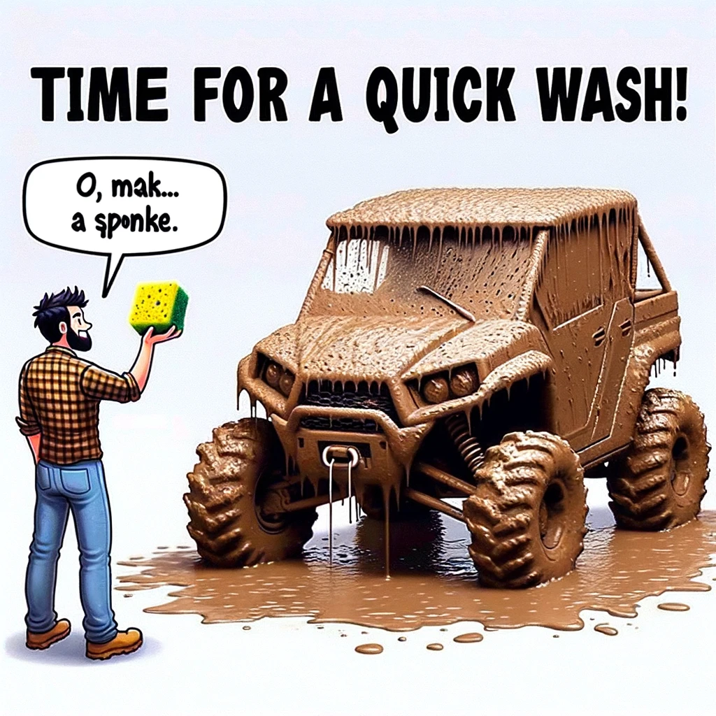 An image of a UTV covered in mud after an adventurous ride. Next to it stands a person holding a tiny sponge, looking at the UTV with a humorous expression of being overwhelmed. The person is dressed in casual off-road clothing, indicating they've just finished a ride. The caption reads, "Time for a quick wash!" This meme playfully exaggerates the challenge of cleaning a heavily mud-covered UTV, highlighting the often humorous and daunting task that follows an exciting off-road adventure.