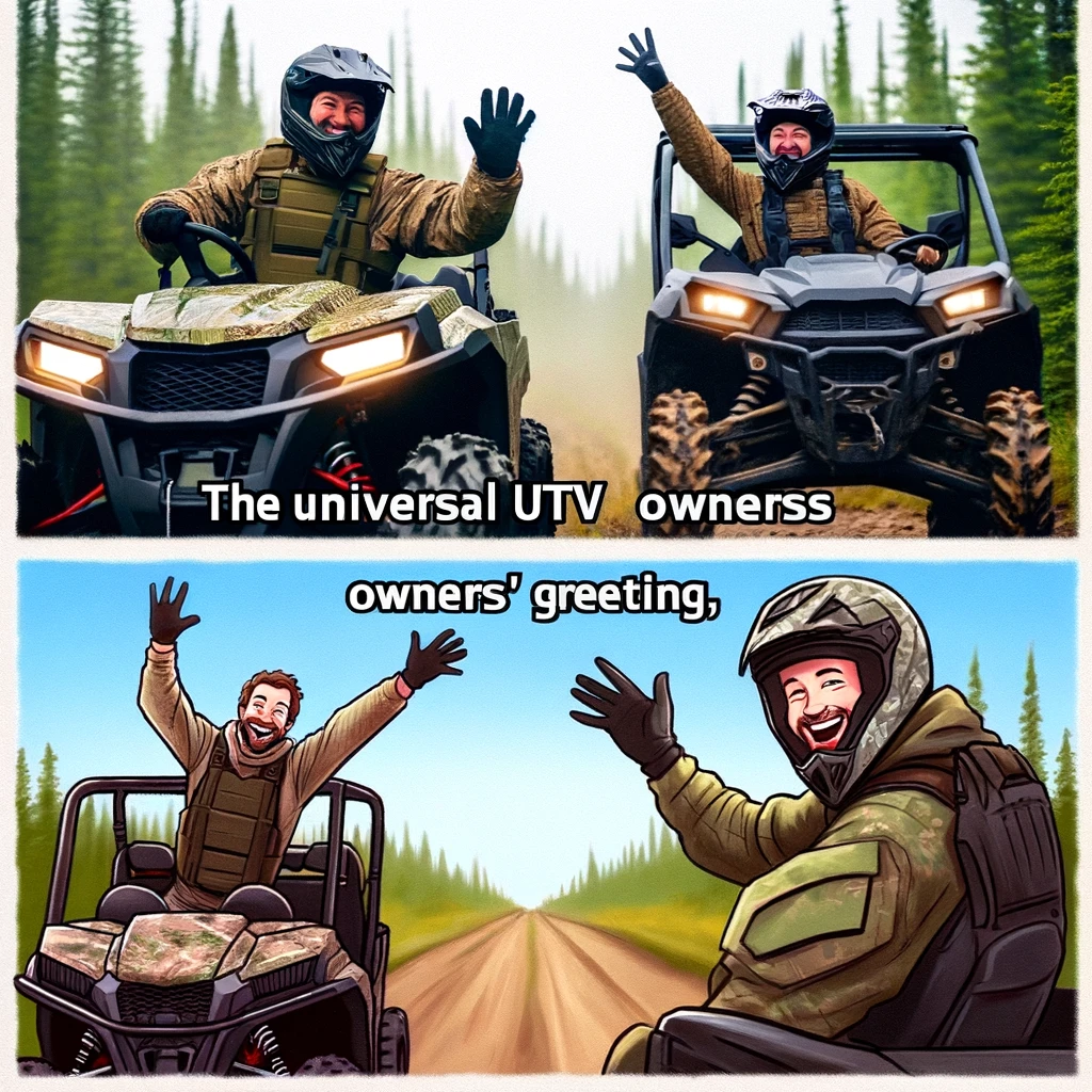 Two separate images side by side for a meme. In each image, a UTV driver is enthusiastically waving at the other. The first driver is in a UTV on a trail, wearing a helmet and off-road gear, smiling broadly and waving with excitement. The second driver is in a different UTV, also on a trail, mirroring the first driver's enthusiasm and wave. Both are surrounded by a natural, adventurous setting. The caption for the meme reads, "The universal UTV owners' greeting," highlighting the shared excitement and camaraderie among UTV enthusiasts.