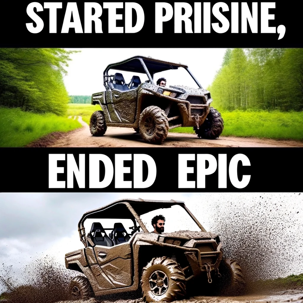 A two-part meme. In the first part, a UTV is shown at the start of a trail, looking pristine and clean, in a serene natural setting. The second part shows the same UTV at the end of the trail, now covered in mud, along with the driver, who is also muddy but looks exhilarated. Both the UTV and the driver show signs of an adventurous journey. The caption for the meme reads, "Started pristine, ended epic," highlighting the transformation and the adventurous spirit of UTV off-roading, where getting dirty is part of the fun and excitement.