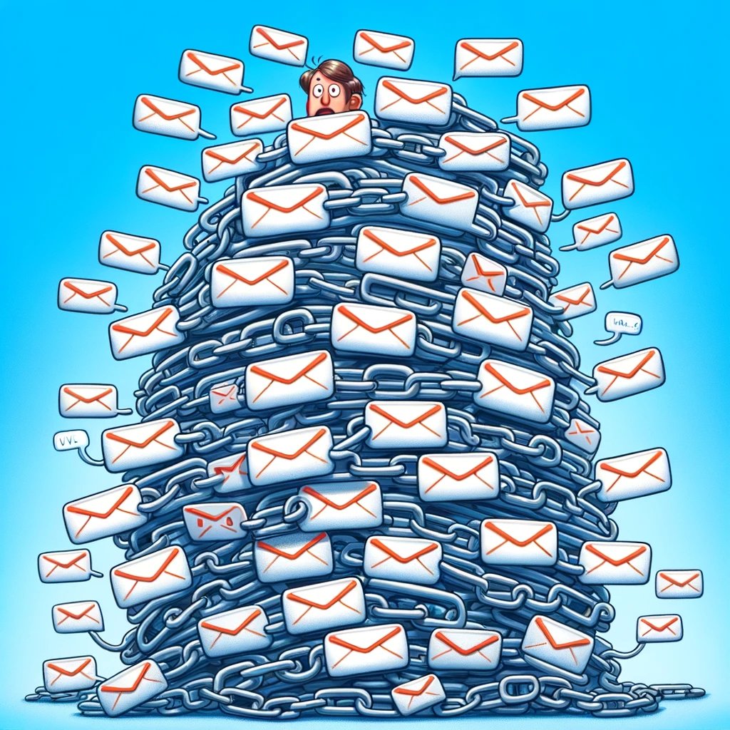 Email Chain Confusion: A series of stacked emails in an overly long email chain. Each addition to the chain adds more confusion, with the final email being a plea for clarification, humorously highlighting the chaos of long email threads.