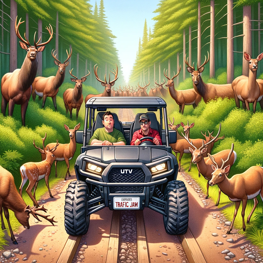 A UTV stuck behind a group of animals, like deer or cows, on a trail in a forest. The UTV driver looks surprised and slightly amused. The animals are blocking the path, creating a humorous scenario that resembles a traffic jam. The image should capture the essence of a typical off-road trail with natural surroundings. The caption at the bottom reads: "UTV traffic jam." The style should be vibrant and realistic, emphasizing the funny contrast between the UTV and the animals.