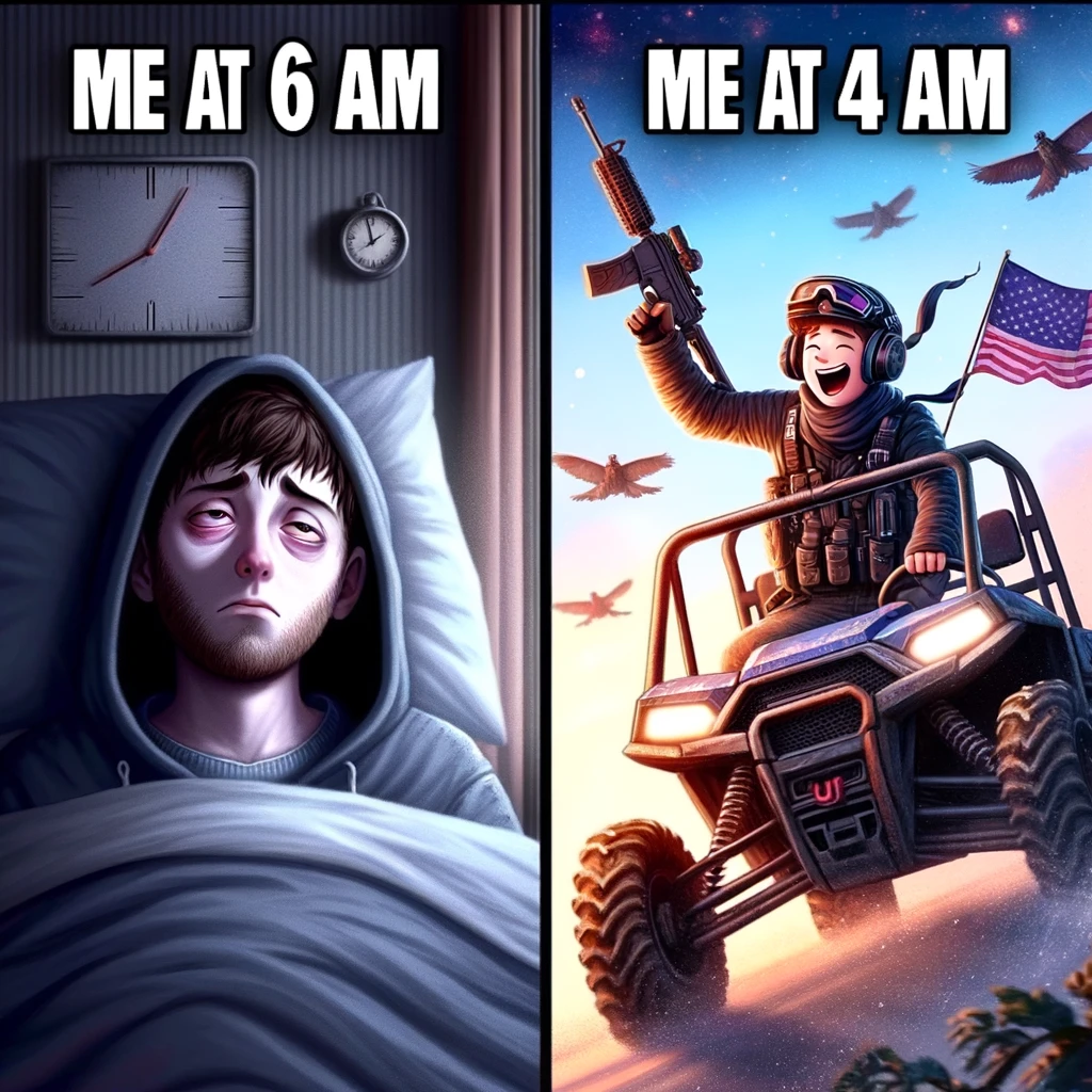 A split image meme. On the left, a person looking sleepy and unenthusiastic, in a dimly lit room, with a clock showing 6 AM, and the caption "Me at 6 AM for work." On the right, the same person looking thrilled and excited, in outdoor gear, ready for a UTV ride, with a clock showing 4 AM, and the caption "Me at 4 AM for a UTV ride." The contrast should be humorous, emphasizing the difference in enthusiasm for work versus a UTV ride. The style should be realistic and relatable.