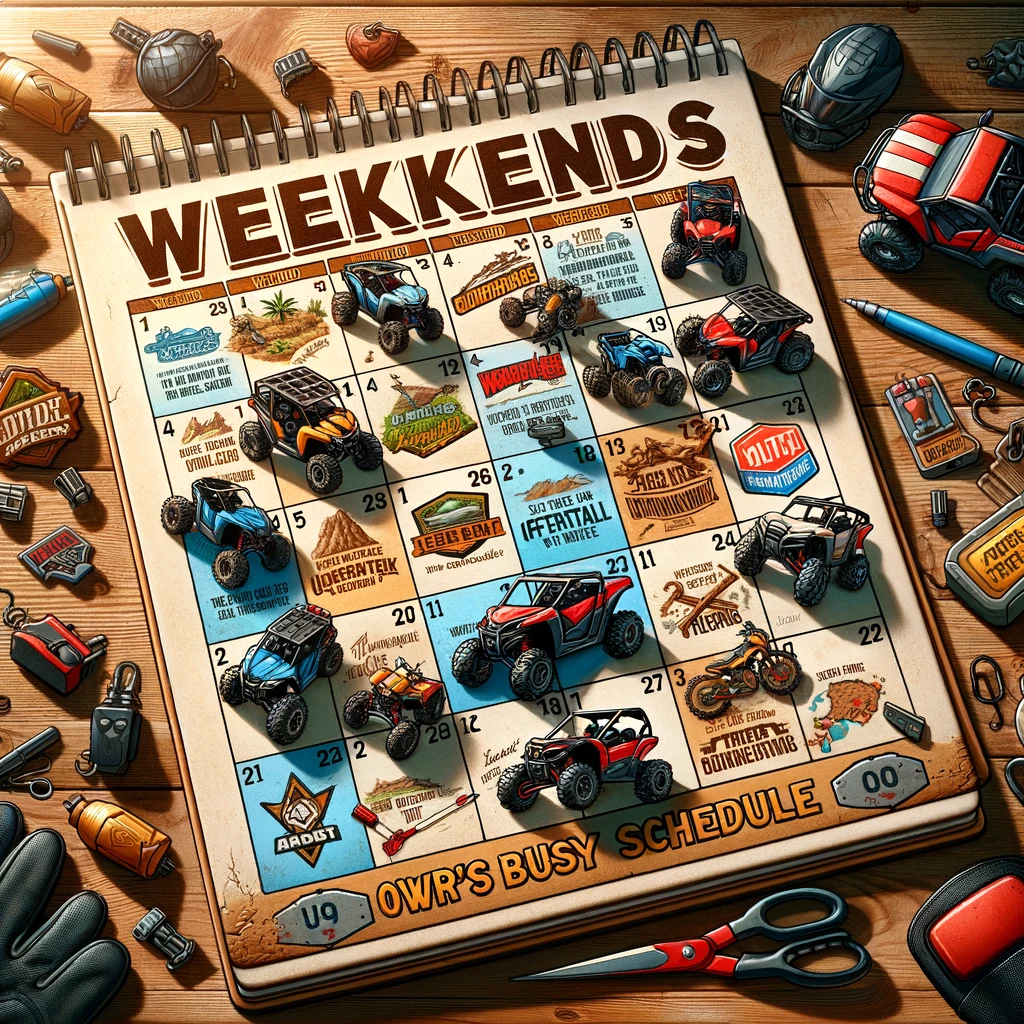 An image of a calendar with weekends highlighted. Each weekend day is filled with different off-road trail names or UTV events, suggesting a busy schedule. The calendar should look packed with these activities, symbolizing the passion of a UTV owner for off-road adventures. Surround the calendar with some UTV-themed decorations like small UTV models, helmets, or gloves, to emphasize the theme. The caption at the bottom reads: "UTV owner's busy schedule." The style should be vibrant and detailed, capturing the excitement of UTV-related activities.