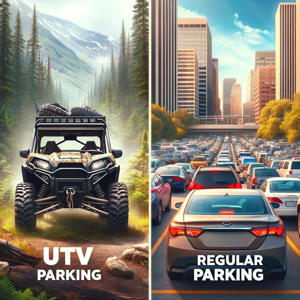 A split image meme. On the left, an image of a UTV parked in a beautiful, wild, scenic location like a forest or mountain range, with the caption "UTV Parking." The UTV should look adventurous and in its natural setting. On the right, a contrasting image of a regular car parked in a crowded, urban parking lot, looking mundane, with the caption "Regular Parking." The contrast should highlight the freedom and adventure associated with UTVs versus the constraints of city life. The style should be realistic and engaging, emphasizing the different environments.
