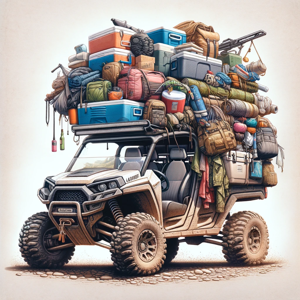 An image depicting a humorously overloaded UTV. The UTV is packed with an excessive amount of camping gear, coolers, and other outdoor equipment, leaving barely any space for the driver. The items should look like they are precariously balanced, adding to the humor. The setting should be an outdoor, off-road environment, emphasizing the adventure aspect. The caption at the bottom reads: "Just the essentials." The style should be realistic but exaggerated, highlighting the comical aspect of packing for a UTV adventure.