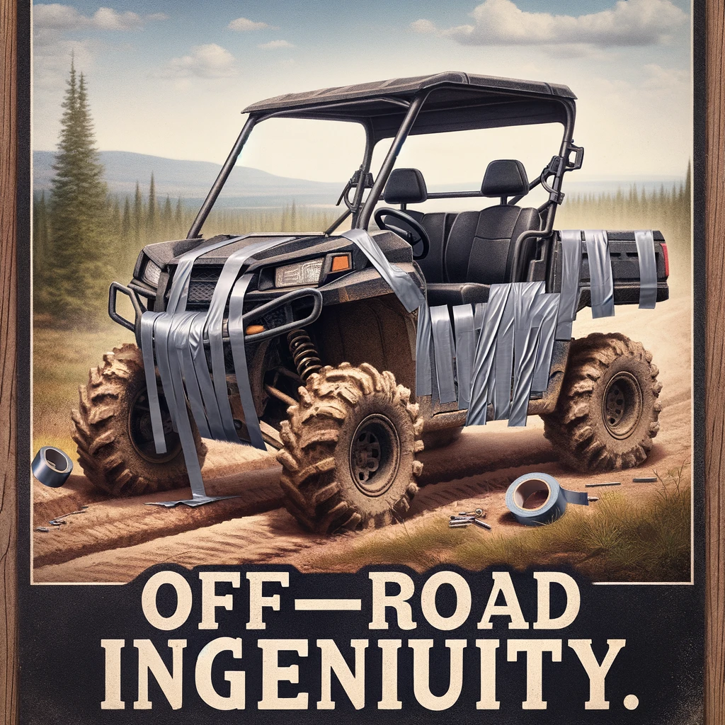 An image of a UTV with a humorous temporary fix, like duct tape or a makeshift part. The UTV should be in an off-road setting, possibly with a trail or natural landscape in the background. The makeshift repair should be obvious and somewhat amusing, showing the resourcefulness of off-road enthusiasts. The caption at the bottom reads: "Off-road ingenuity." The style should be realistic, capturing the ruggedness of the UTV and the creativity of the repair in a light-hearted way.