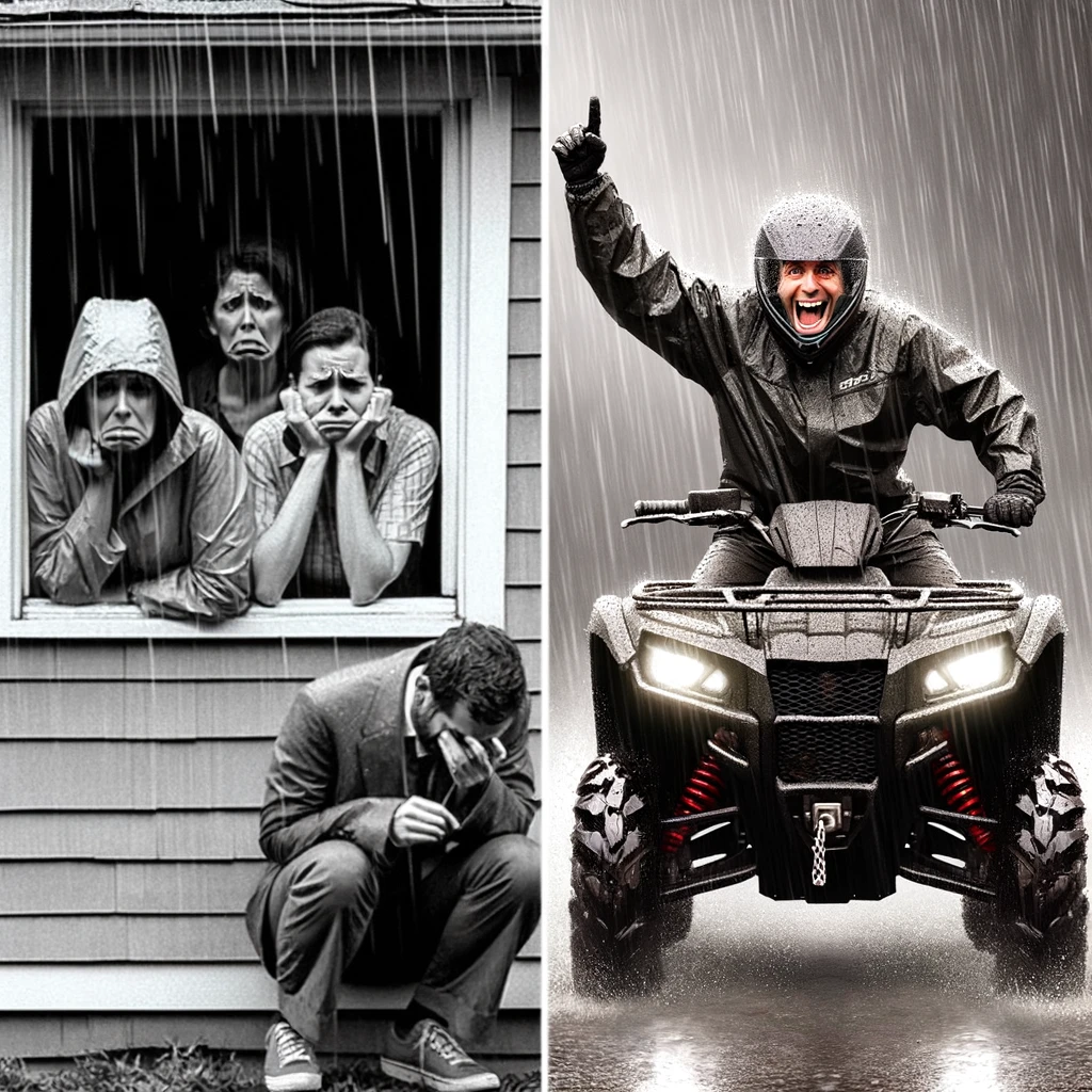 A split image meme. On the left, an image of people looking sad on a gloomy, rainy day, perhaps standing under umbrellas or looking out of windows, captioned "Regular people." On the right, a contrasting image of a UTV owner in rain gear, looking excited and ready to ride in the rain, possibly standing next to a UTV, with the caption "UTV owners." The contrast should highlight the enthusiasm UTV owners have for riding, regardless of the weather. The style should be realistic, capturing the different moods and atmospheres in each scenario.