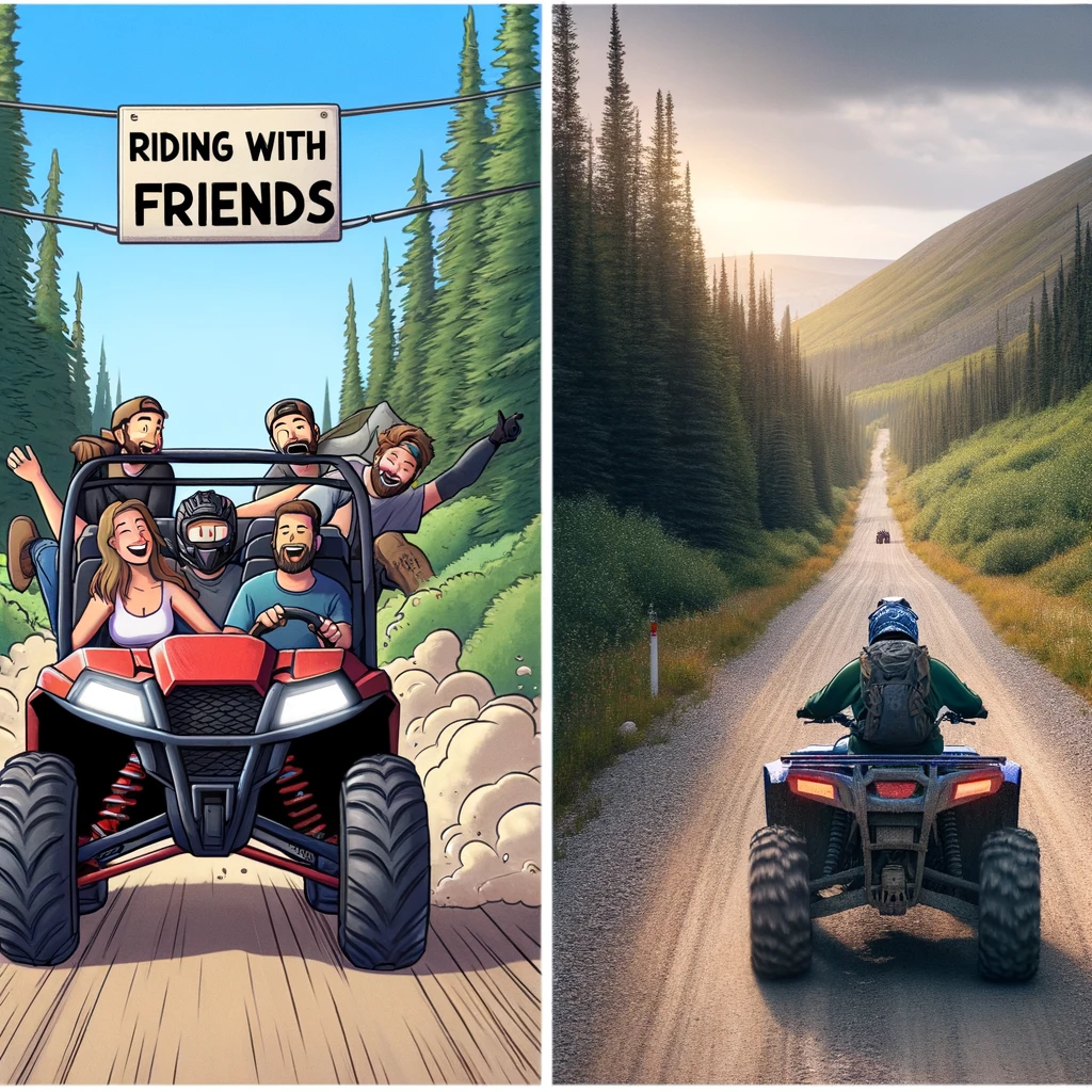 A split image meme. On the left, a group of UTVs riding together on a trail, with the riders looking happy and enjoying each other's company, captioned "Riding with friends." The setting should be an exciting off-road trail, emphasizing camaraderie and fun. On the right, a single UTV on a serene, beautiful trail, such as through a forest or along a mountain path, captioned "Solo adventure." This side should emphasize the peace and tranquility of riding alone. The style should be realistic, capturing the different joys of group and solo UTV riding.
