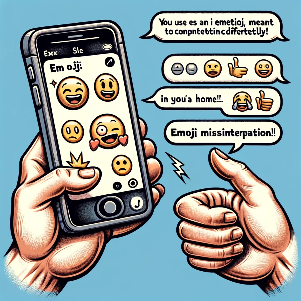 The Emoji Misinterpretation: A smartphone screen showing a text exchange where one person uses an emoji meant to convey one emotion (like a wink or a thumbs up), but the recipient interprets it completely differently, leading to a humorous misunderstanding. The scene should be drawn in a cartoon style, with emphasis on the emoji and the contrasting interpretations in the text messages, showing the humorous aspect of the miscommunication.