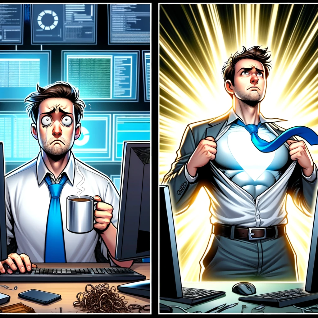 A split image with two panels. Left Panel: A confused-looking IT professional, surrounded by computer screens, with a perplexed expression, holding a coffee mug. Caption: 'Me trying to remember my passwords before coffee.' Right Panel: The same IT professional, now looking confident and energized, with a bright light shining behind them, hands on hips like a superhero. Caption: 'Me after coffee: "I am the master of all 347 passwords!"' The image should have a humorous tone, capturing the dramatic transformation from confusion to confidence.