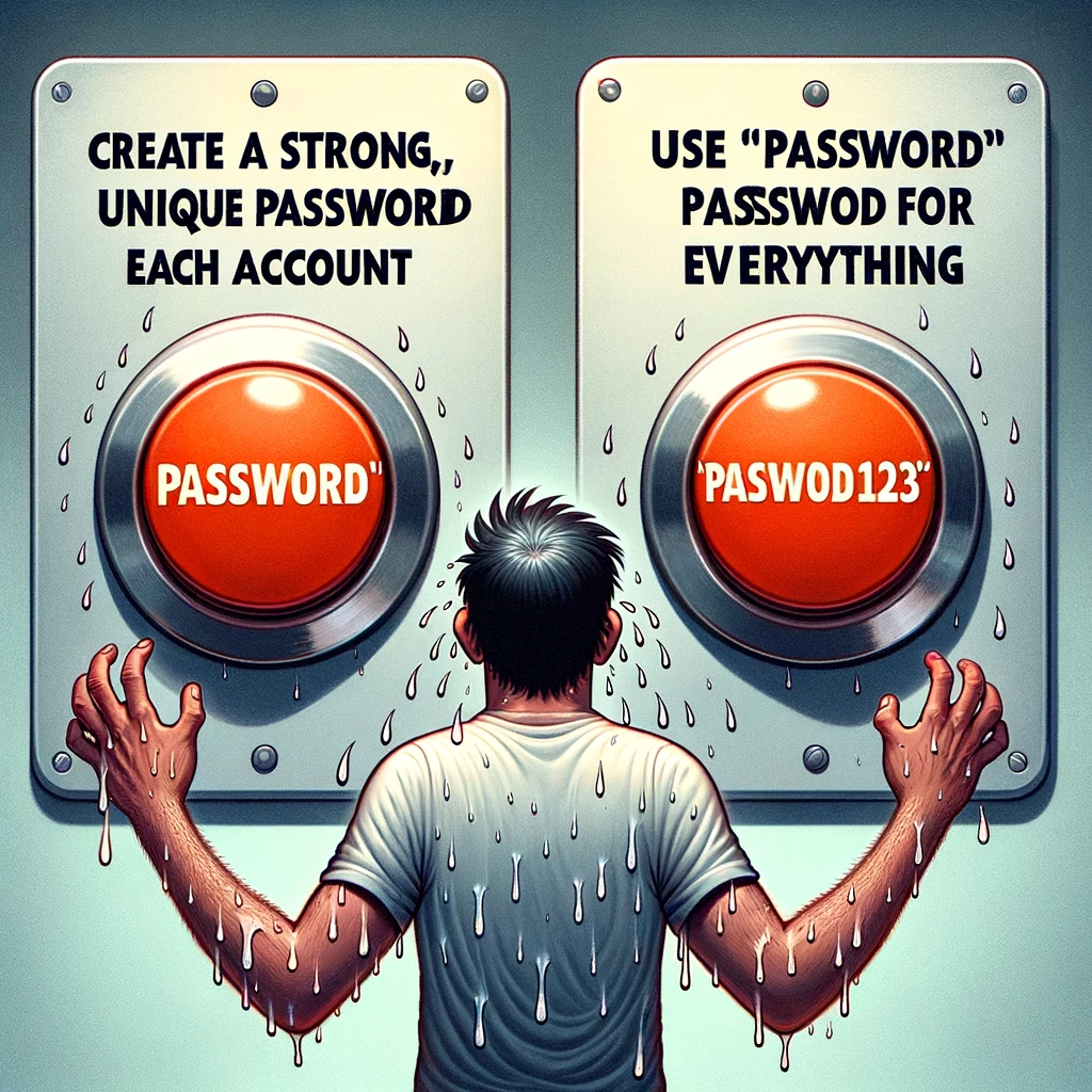 Image of a person sweating profusely, standing in front of two large buttons. Each button has a label. The left button is labeled 'Create a strong, unique password for each account' and the right button is labeled 'Use 'password123' for everything.' The person is visibly anxious, hand hovering between the two buttons, depicting the difficult decision between secure practices and convenience. The scene should have a humorous and exaggerated tone, emphasizing the dilemma faced in cybersecurity.