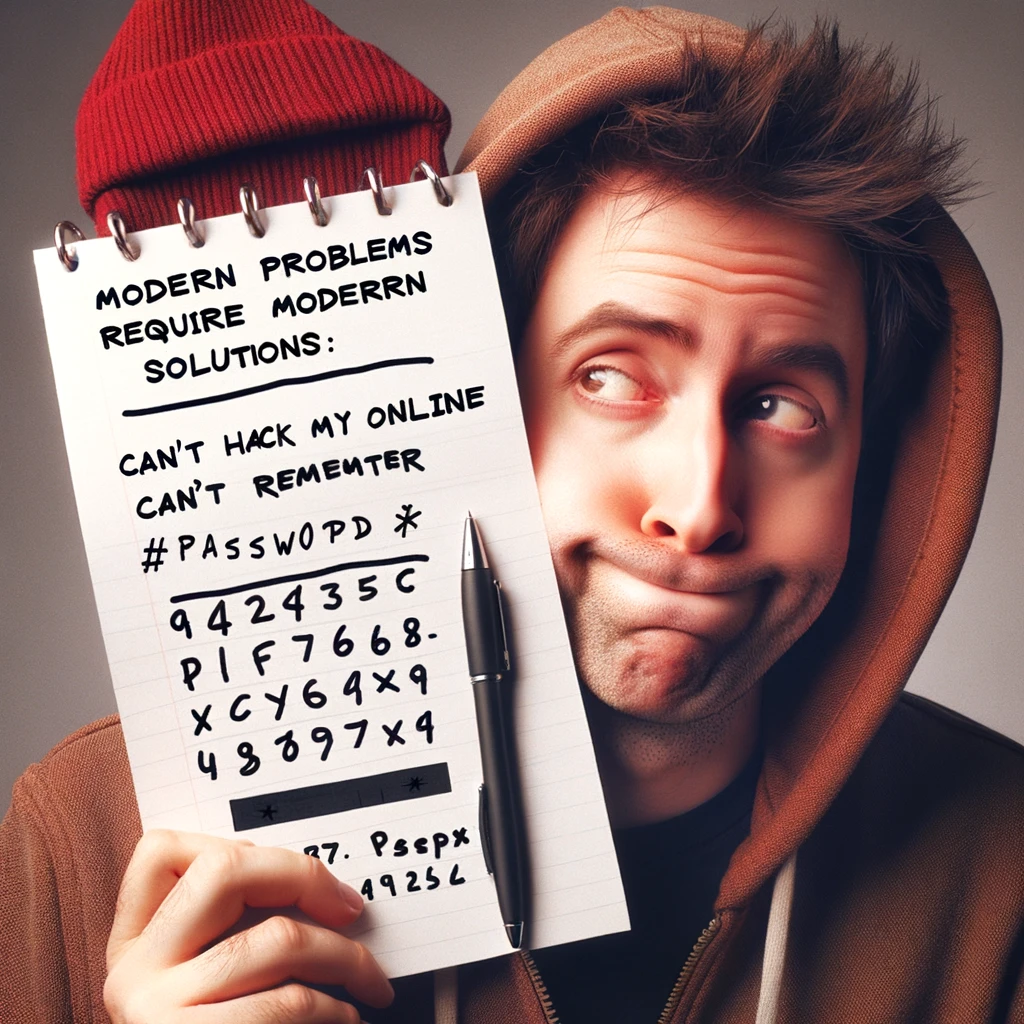 A person looking smug and self-assured, holding a piece of paper with a complex password written on it. The password should be a mix of random letters, numbers, and symbols, making it look very complicated. The person's expression conveys a sense of cleverness and satisfaction with their own solution. The caption reads: 'Modern problems require modern solutions: Can't hack my online account if even I can't remember the password.' The image should have a humorous and ironic tone, highlighting the absurdity of the situation.