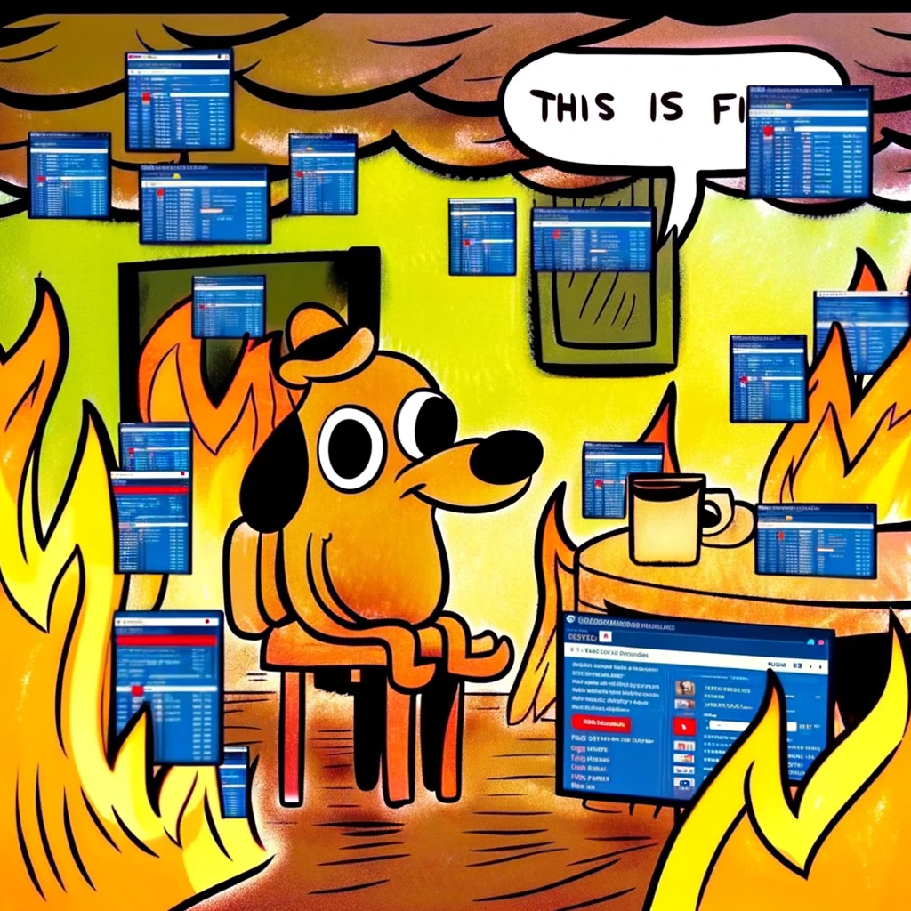 A cartoonish image of a dog sitting calmly in a room engulfed in flames. The room is filled with computer screens, each displaying various virus alerts and warning messages. Despite the chaos, the dog maintains a relaxed demeanor, sitting with a cup of coffee. The dog says, 'This is fine.' The image should capture the essence of being unfazed in a disastrous situation, often used to depict denial or ignorance in the face of a crisis. The image should have a humorous and ironic tone, emphasizing the contrast between the calm dog and the chaotic environment.
