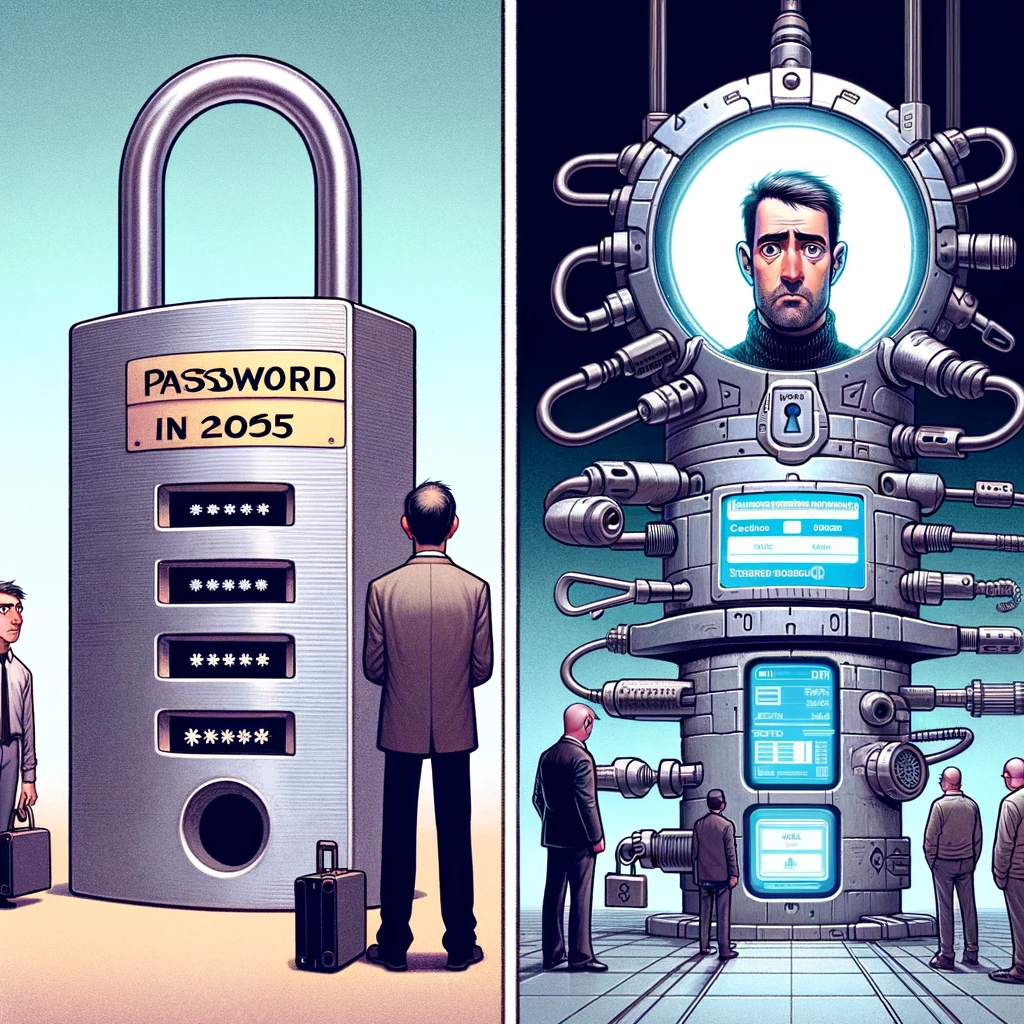 A split image showing the evolution of password security. Left Panel: A person looking unimpressed, holding a small, simple padlock labeled 'My password in 2005.' The lock is small and looks easy to break, symbolizing weak security. Right Panel: The same person in the future, now impressed and confident, standing next to a massive, high-tech security system labeled 'My password in 2024.' The security system includes multiple locks, biometric scanners, and digital screens, representing advanced security measures. The image should convey a humorous comparison between past and present cybersecurity approaches.