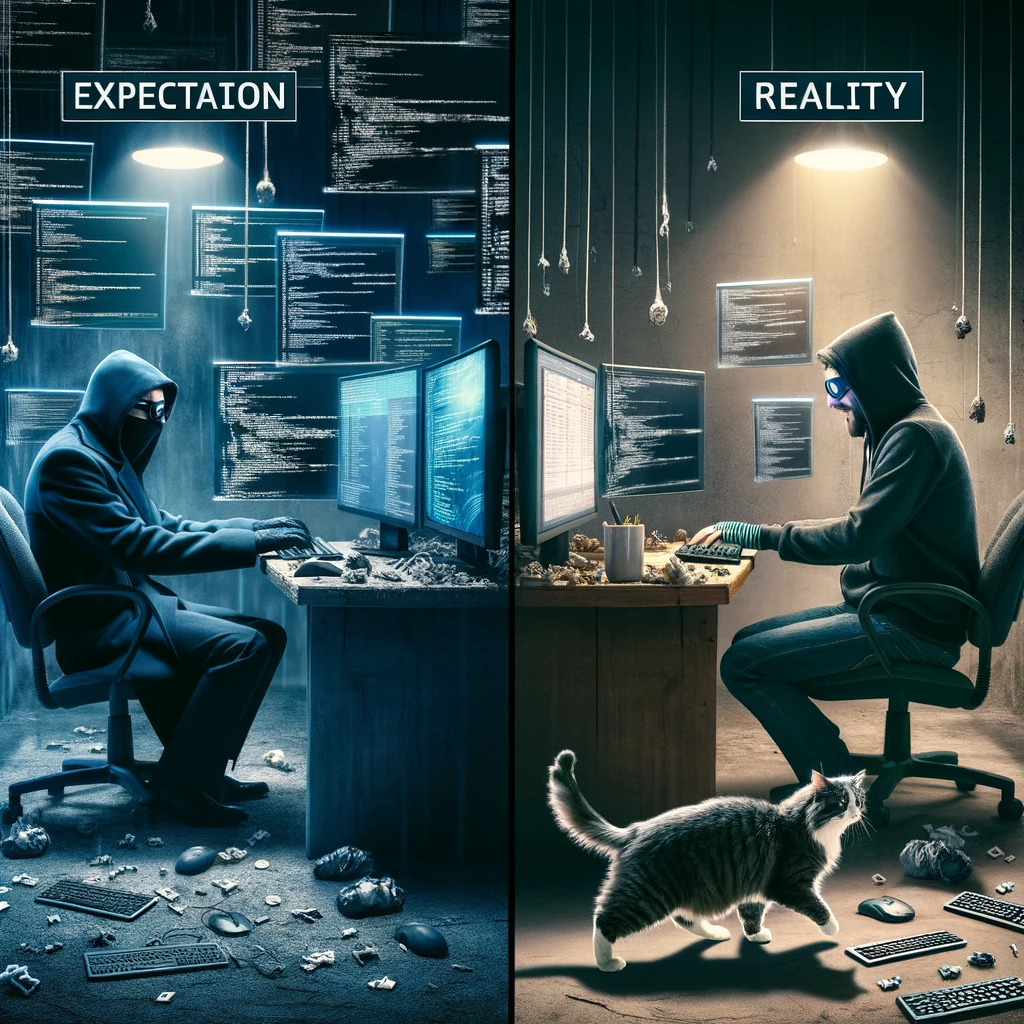 Split image depicting 'Expectation vs Reality' in cybersecurity. Left Panel: A scene from a high-tech spy movie, showing a hacker in a dark room, surrounded by multiple screens with code running across them, typing furiously on a keyboard. The scene is dramatic and intense, captioned 'Expectation of hacking.' Right Panel: A humorous contrast, showing a cat casually walking across a keyboard in a messy, everyday room, causing random keystrokes. The cat looks indifferent, with the caption, 'Reality of hacking.' The image should emphasize the humorous disparity between the glamorous portrayal and the mundane reality of hacking.