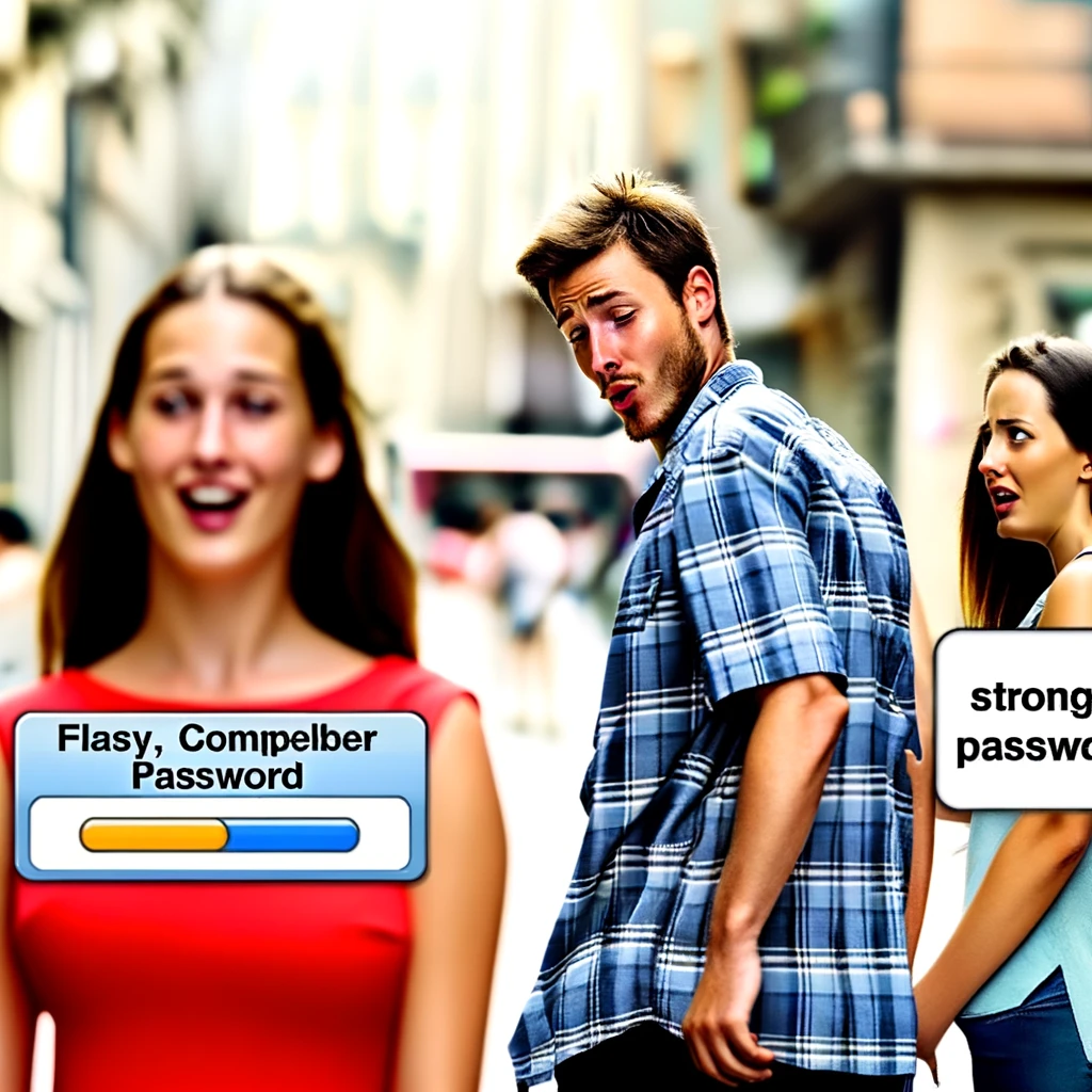 A 'Distracted Boyfriend' meme set in a cybersecurity context. The boyfriend, looking surprised and intrigued, is glancing at a flashy, easy-to-remember password displayed on a computer screen. This password appears simple and is highlighted to draw attention. The girlfriend, symbolizing 'Strong, complex passwords,' looks on disapprovingly, representing the often-ignored but secure option. She embodies robust security with a complex password format visible near her. The scene captures the temptation of easy solutions versus the necessity of secure practices in a humorous and relatable way.