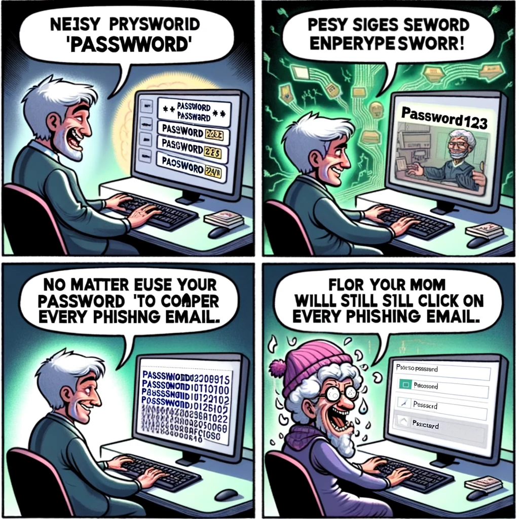 Brain Expansion Meme: Depict four stages of understanding cybersecurity in a humorous way. The first panel shows a person proudly typing 'password' as their password on a computer screen. The second panel shows the same person, now slightly more knowledgeable, typing 'password123'. The third panel shows the person confidently typing a complex, long password with various characters. The fourth panel shows the person in a state of enlightenment, realizing that no matter the complexity of their password, their mom will still click on every phishing email, depicted by a scene of an older woman clicking on a suspicious email link on her computer.