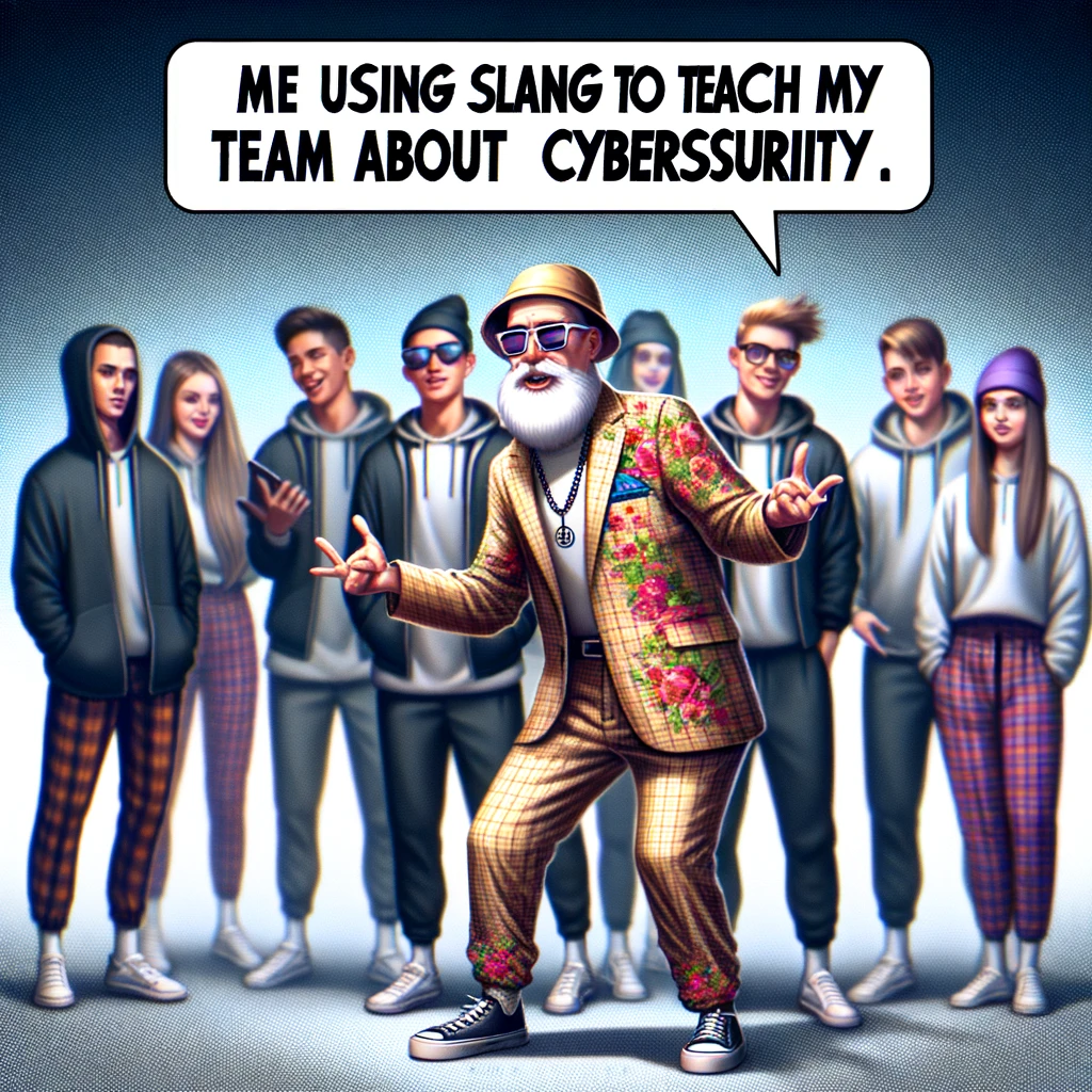 A digital artwork of an older person dressed in trendy, modern clothes among a group of teenagers. The older person is awkwardly trying to fit in. Caption the image: "Me using slang to teach my team about cybersecurity." The scene should resemble a humorous, exaggerated portrayal of someone trying to blend in with a much younger crowd.
