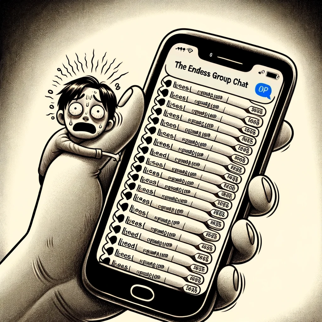 The Endless Group Chat: An image showing a phone with hundreds of unread messages from a group chat. The person looking at the phone has an expression of dread, overwhelmed by the prospect of catching up with the chat. This should be drawn in a humorous cartoon style, capturing the overwhelming feeling of seeing so many unread messages and the person's exaggerated expression of fear and exhaustion.