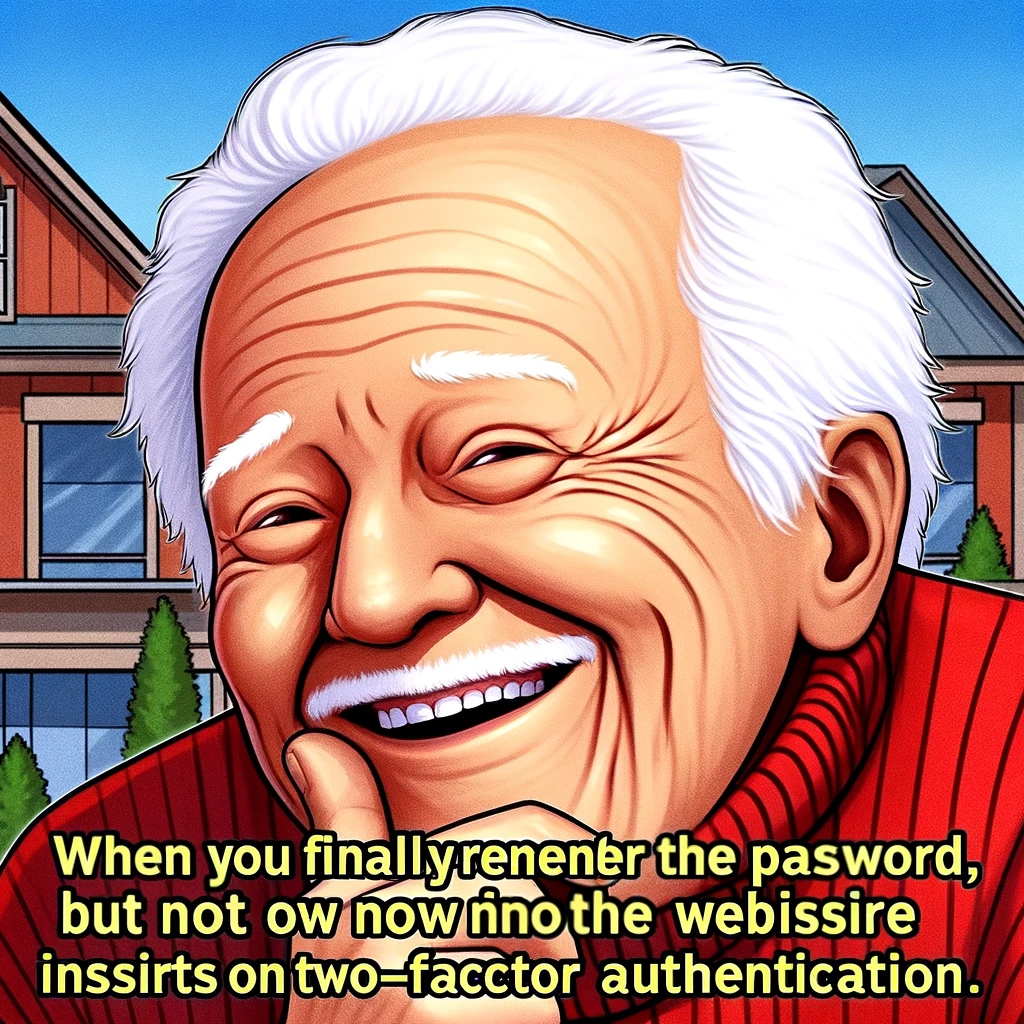 A digital artwork featuring the meme character Hide the Pain Harold. Harold is smiling with a pained expression. The caption reads, "When you finally remember the password, but now the website insists on two-factor authentication." This image should capture the ironic humor of overcoming one obstacle only to be faced with another in the realm of cybersecurity.