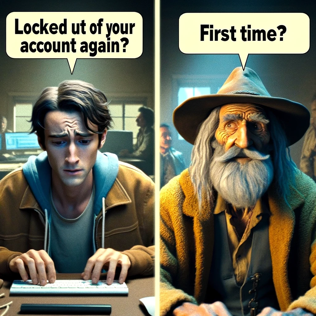 A meme from 'The Ballad of Buster Scruggs' featuring two characters. The first panel shows a stressed person at their computer with the caption "Locked out of your account again?" The second panel shows an old, relaxed hacker with the caption "First time?" This image should convey a humorous contrast between a novice experiencing cybersecurity issues for the first time and a seasoned hacker who is used to these situations.