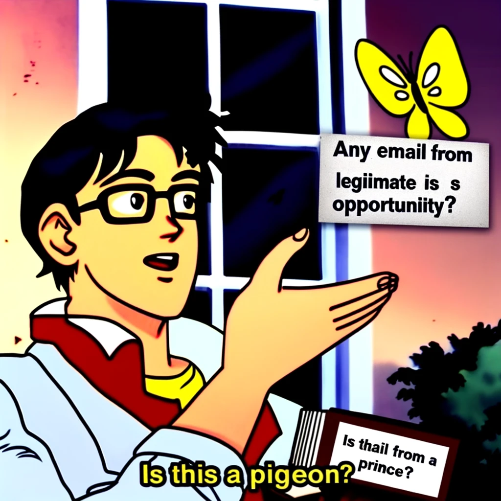 A humorous image depicting the "Is This a Pigeon?" meme with a cybersecurity twist. A confused person is looking at a butterfly, which is labeled "Any email from a prince." The person, appearing bewildered, is saying, "Is this a legitimate business opportunity?" The scene is set outdoors with trees and a clear sky in the background, capturing the essence of the original meme while adding a humorous commentary on cybersecurity and email scams.