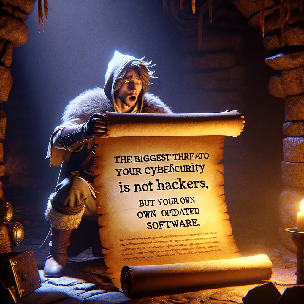 A creative representation of the "Scroll of Truth" meme with a cybersecurity theme. The image shows a character, dressed in an adventurer's outfit, discovering an ancient scroll in a cave. The character's expression is one of shock and disbelief as they read the scroll. The scroll is clearly labeled with the message: "The biggest threat to your cybersecurity is not hackers, but your own outdated software." The setting is mystical, with dim cave lighting and ancient artifacts around, emphasizing the dramatic revelation from the scroll.