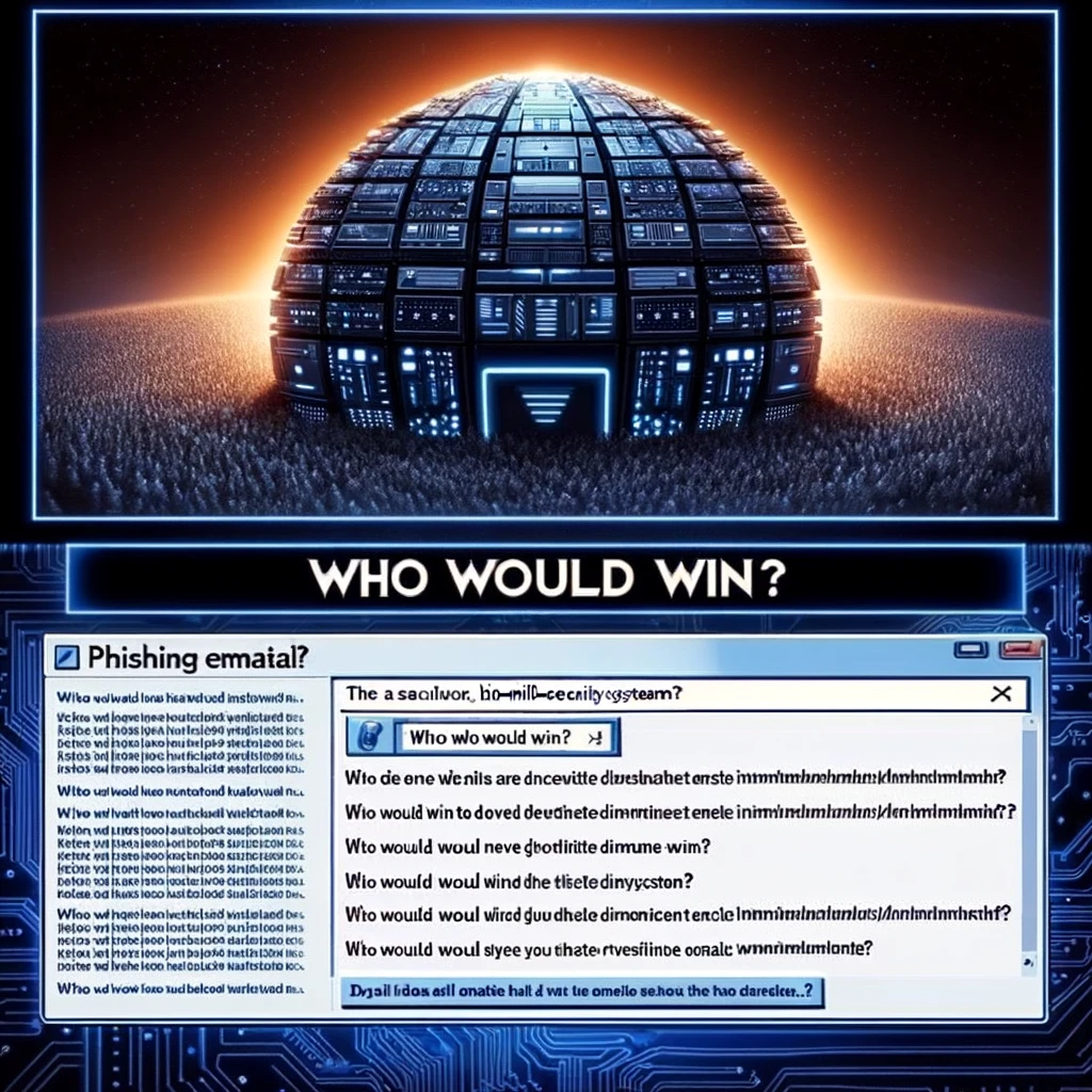 A "Who Would Win?" meme with two panels. Left panel: A sophisticated, high-tech, multi-million-dollar security system, featuring advanced technology and a futuristic design. Right panel: A simple, unassuming phishing email, looking like a regular email but with a deceptive subject line. Caption at the bottom reads: "Who would win?"