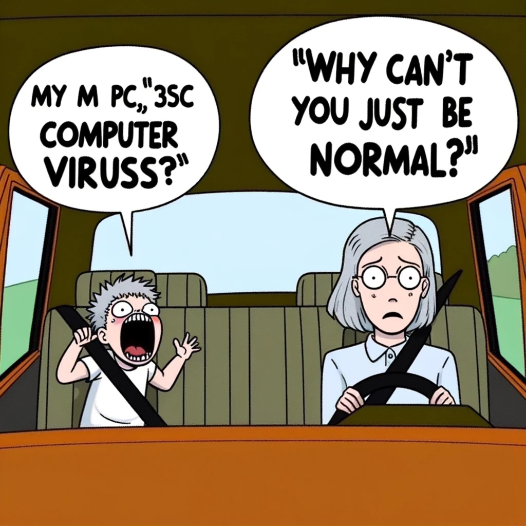 A "Why Can't You Just Be Normal?" meme. The scene is inside a car. The child in the backseat is labeled "Computer viruses," screaming wildly and looking chaotic. The mother driving, labeled "My PC," is glancing back with a frustrated and bewildered expression, saying, "Why can't you just be normal?"