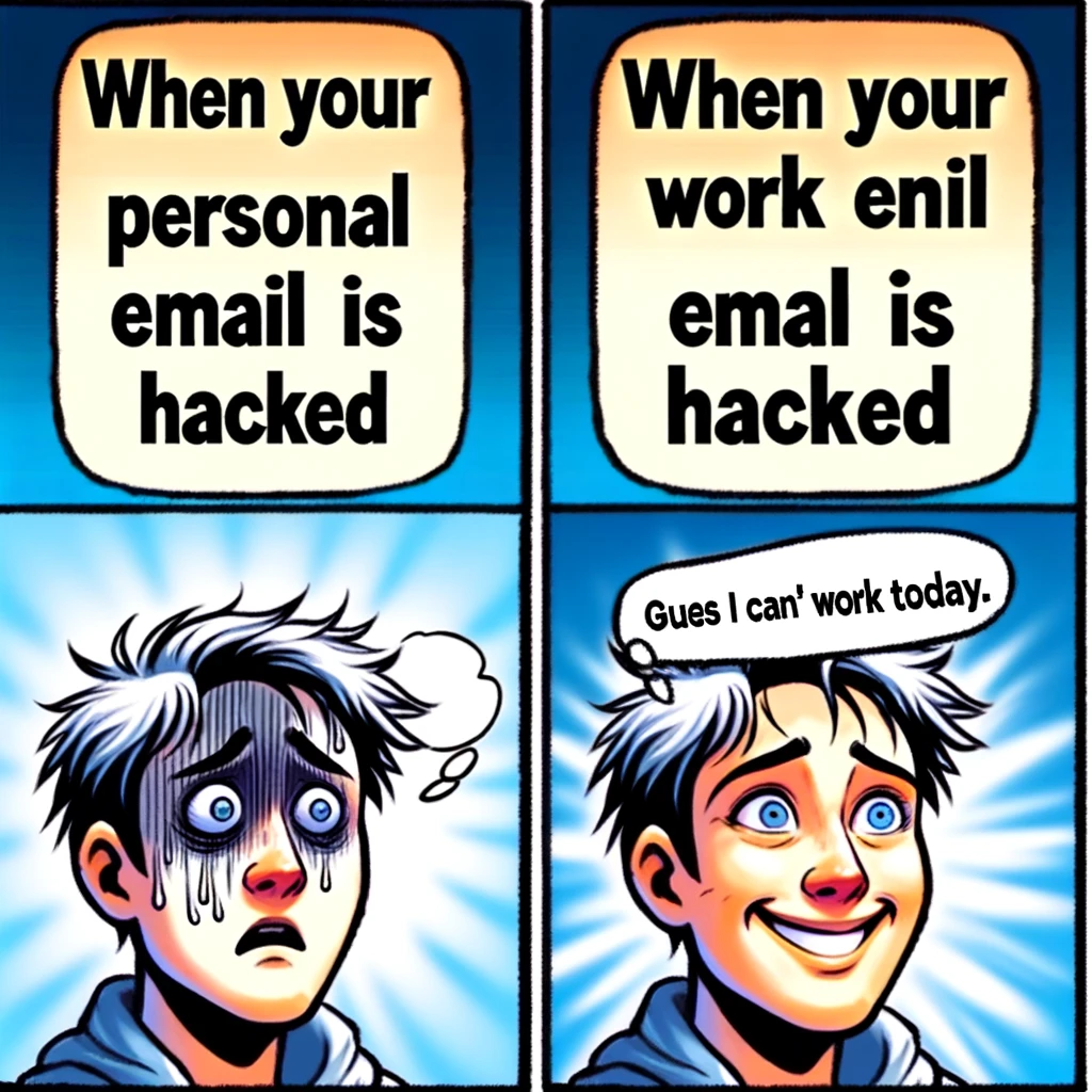 A "Panic vs. Calm" meme. First panel: A person looking panicked and distressed, with the caption "When your personal email is hacked." Second panel: The same person now looking calm and somewhat pleased, with the caption "When your work email is hacked" and a speech bubble saying, "Guess I can't work today."