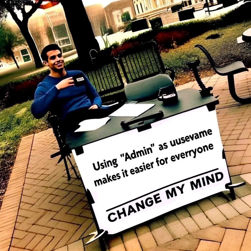 A "Change My Mind" meme. It features a person sitting at a table outside, with a confident and slightly smug expression. In front of them is a sign on the table, which reads: "Using 'admin' as your username makes it easier for everyone, change my mind." The setting is casual, like a public park or a street corner.