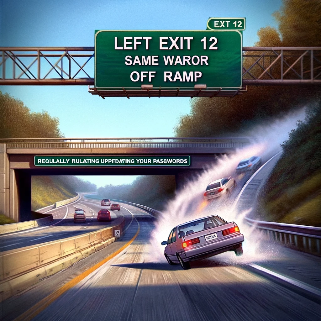 A "Left Exit 12 Off Ramp" meme. The scene shows a highway with a car swerving off at the last minute to take an exit. The highway sign reads "Keep using the same password," and the exit sign is labeled "Regularly updating your passwords." The car is shown in motion, dramatically veering towards the exit.