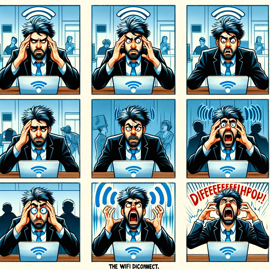 The WiFi Disconnect: A series of panels showing a person progressively losing their composure as their WiFi signal gets weaker during an important online meeting, culminating in a comedic breakdown as they disconnect. The panels should depict the person's changing facial expressions and postures, with each panel also showing the decreasing WiFi signal, emphasizing the increasing frustration and eventual humorous meltdown.