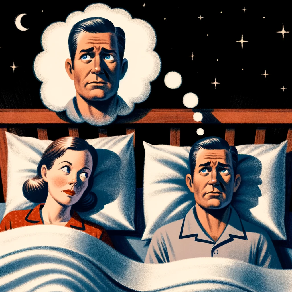 An "I Bet He's Thinking About Other Women" meme. The scene is a bedroom at night. A woman in bed, looking suspicious and slightly annoyed, is glancing at her partner. The man, lying next to her, is deep in thought with a concerned expression. His thought bubble shows: "Did I remember to log out of the database before leaving work?"