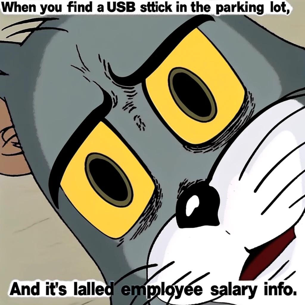An "Unsettled Tom" meme. The image shows Tom from the classic cartoon, with a wide-eyed, unsettled expression. The caption above reads, "When you find a USB stick in the parking lot," and below Tom, the caption continues, "and it's labeled 'Employee Salary Info.'" The setting is simplistic, focusing on Tom's exaggerated expression of surprise and concern.