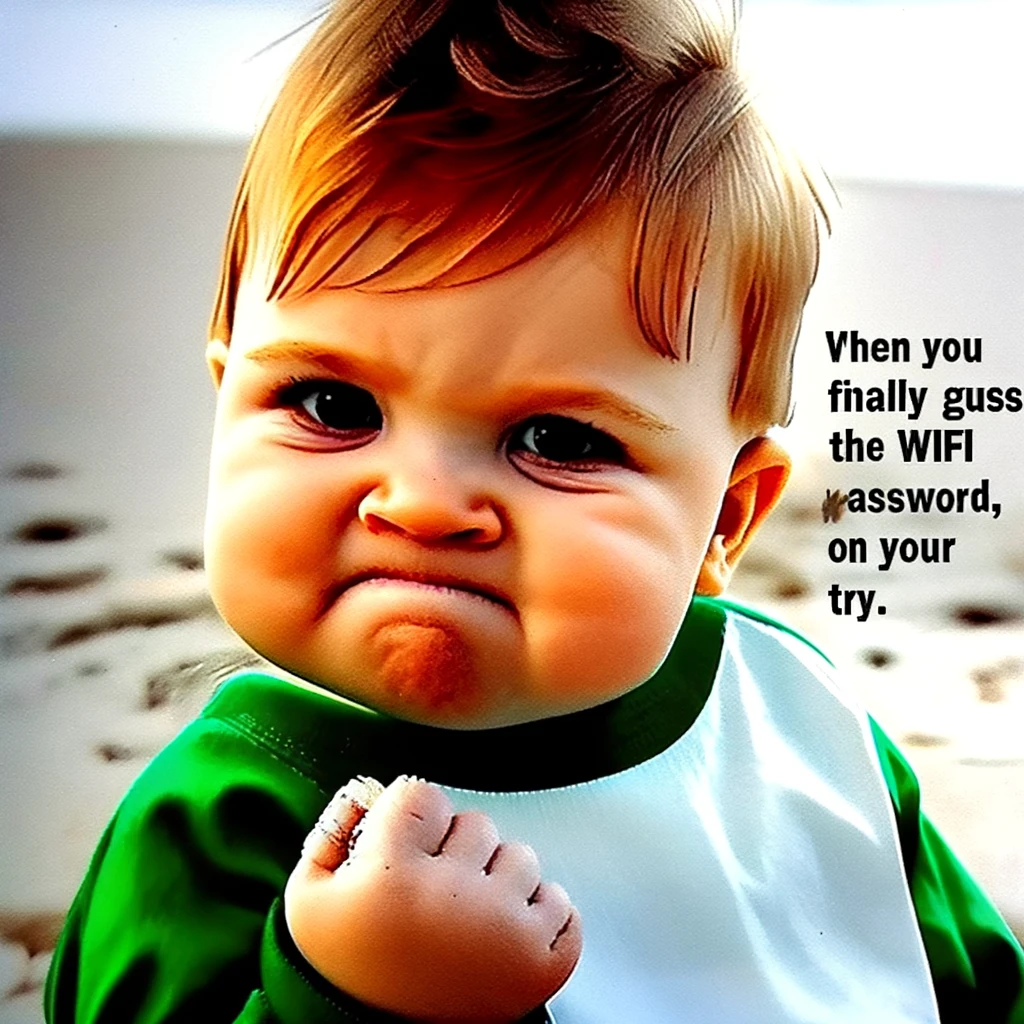 A "Success Kid" meme. The image features a toddler with a clenched fist, looking triumphant and satisfied. The caption above reads, "When you finally guess the WiFi password," and below the toddler, the caption continues, "on your third try." The setting is simple, focusing on the toddler's expression of victory and determination.