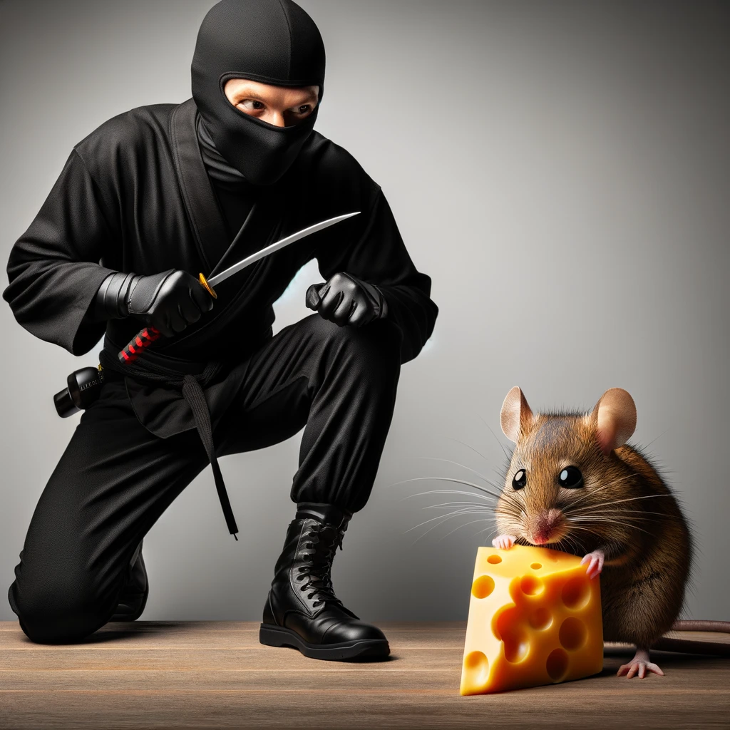 A pest control expert dressed like a ninja, stealthily sneaking up on an oversized cartoon mouse who is obliviously eating cheese. The scene should look humorous and exaggerated, with the ninja in a traditional black outfit and the mouse cartoonishly large and focused on the cheese.