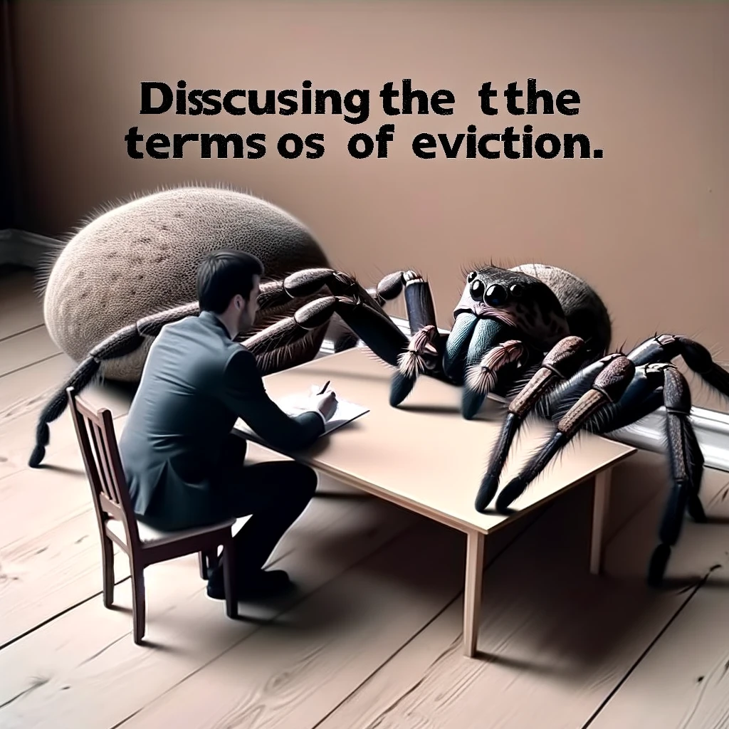 A person sitting at a tiny table, having a serious negotiation with a large, anthropomorphized spider. The scene should be comical, with the spider having human-like expressions and both sitting in a formal setting. The caption reads: "Discussing the terms of eviction." The setting should look like a humorous, exaggerated negotiation scene.